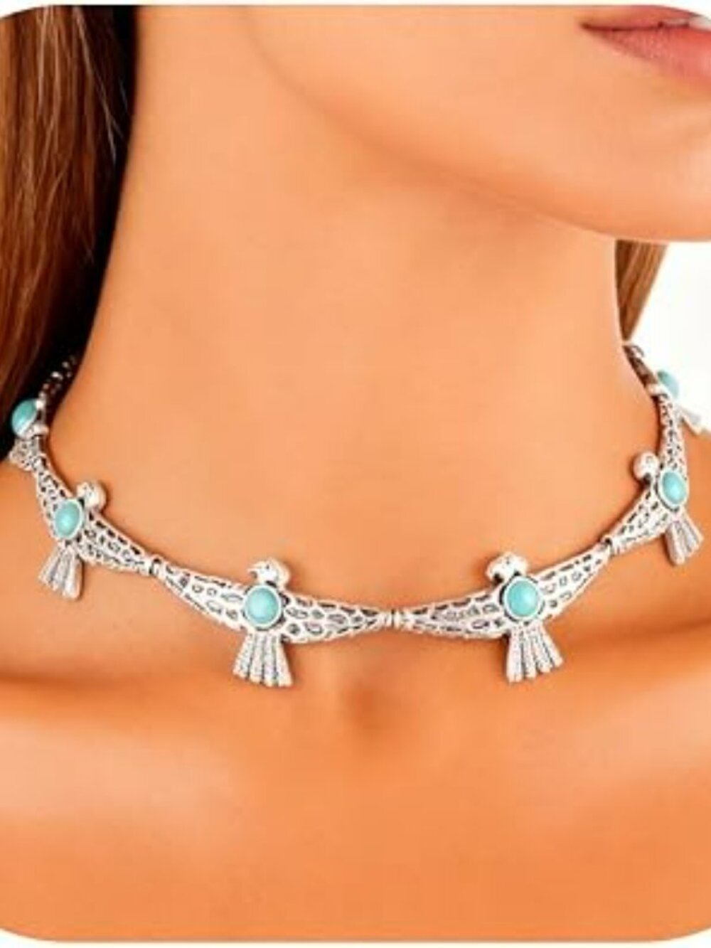 Thunderbird Turquoise Necklace for Women Silver Tone Choker - Picture 2 of 5